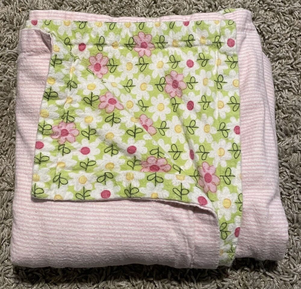 Vintage Flannel Baby Crib Blanket 2-ply Floral Stripes Double 2 Sided 36” x 34”